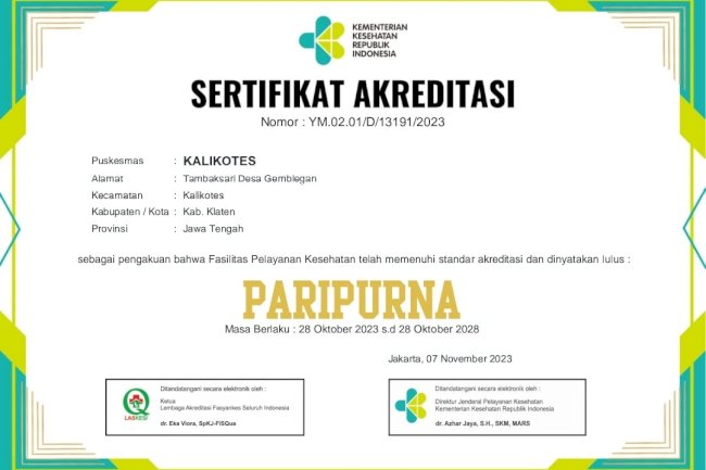 Puskesmas Kalikotes Terakreditasi PARIPURNA